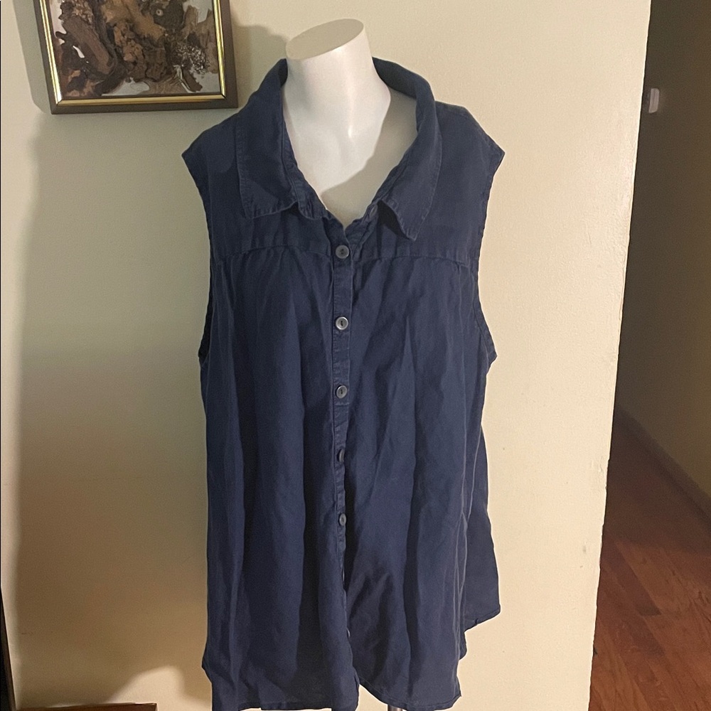 Flax Sleeveless Blue Button-Up Blue Top